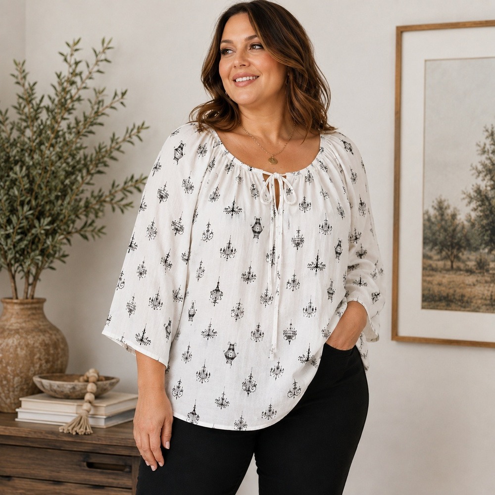 Karen Kane Chandelier Print Blouse Women's 1X White Black Peasant Top Made USA